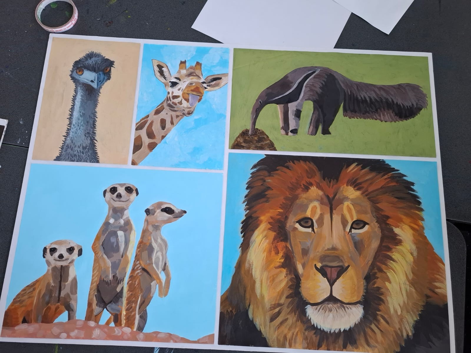 Acrylic animal paintings: an emu, giraffe, anteater, meerkats and a lion