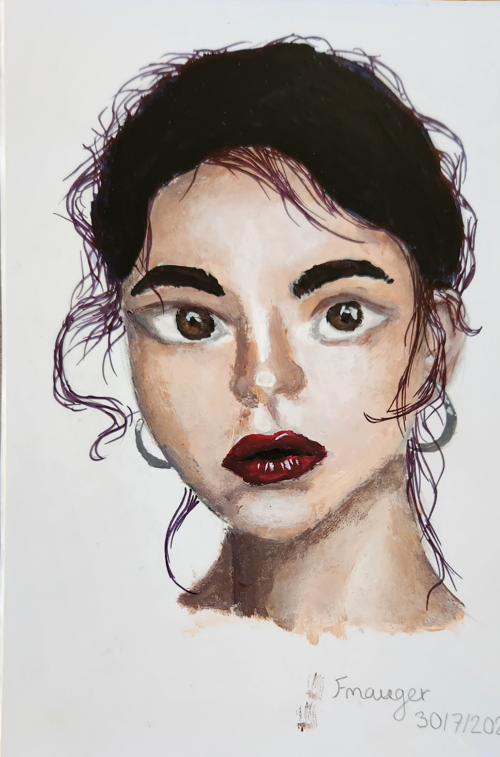 A realistic painted portrait of a woman, signed F. Mauger