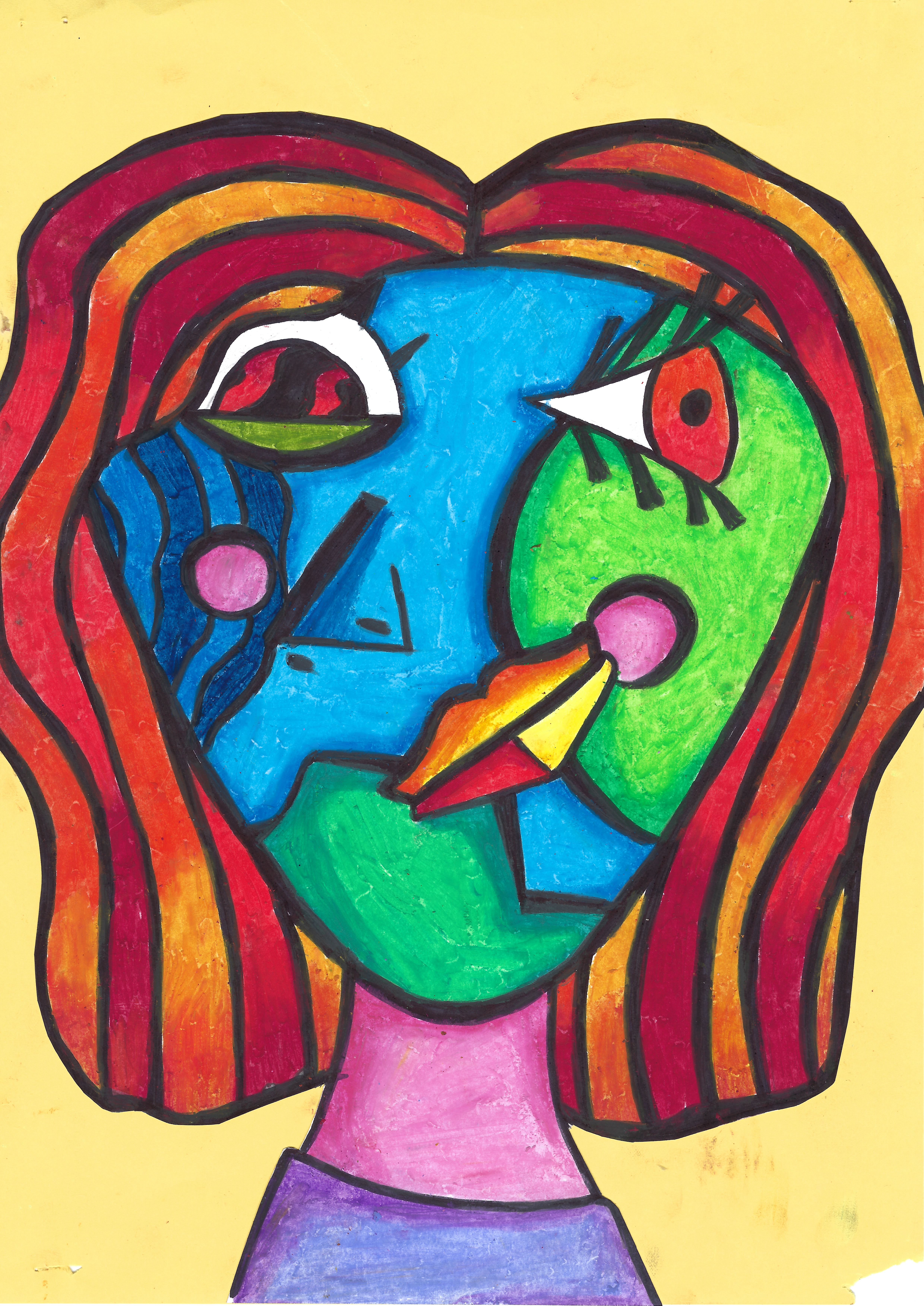 A bold cubist-style portrait of a face in blue, green, red and orange