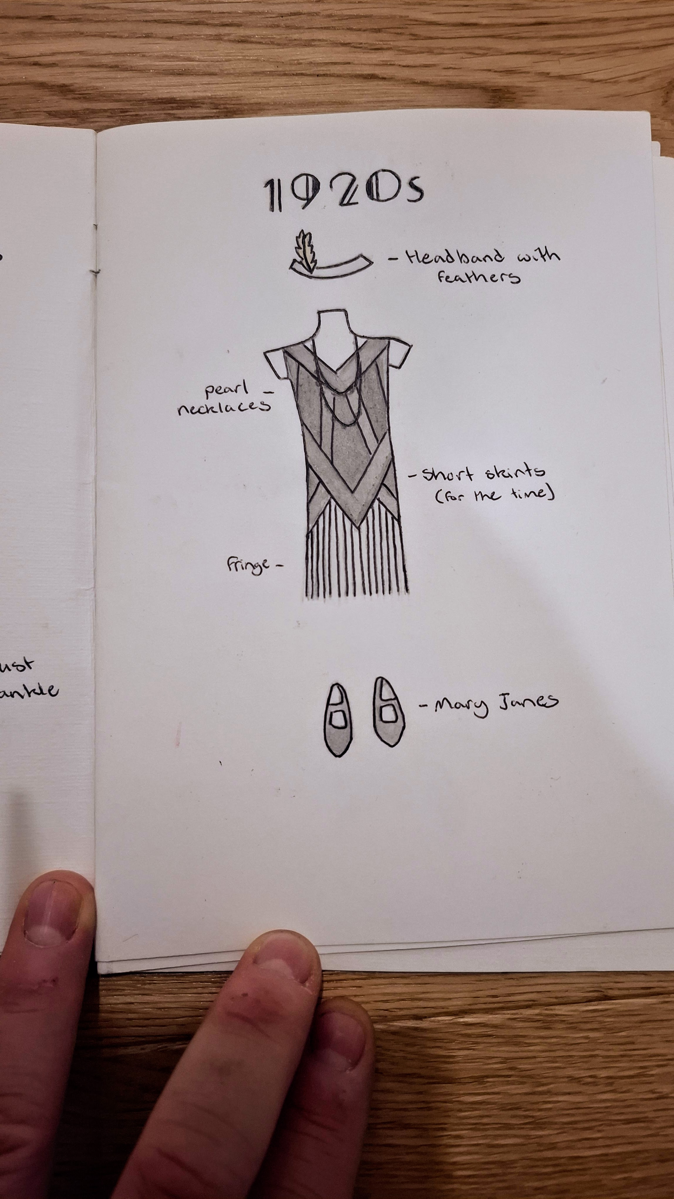 1920s fashion illustration: fringed flapper dress, pearls