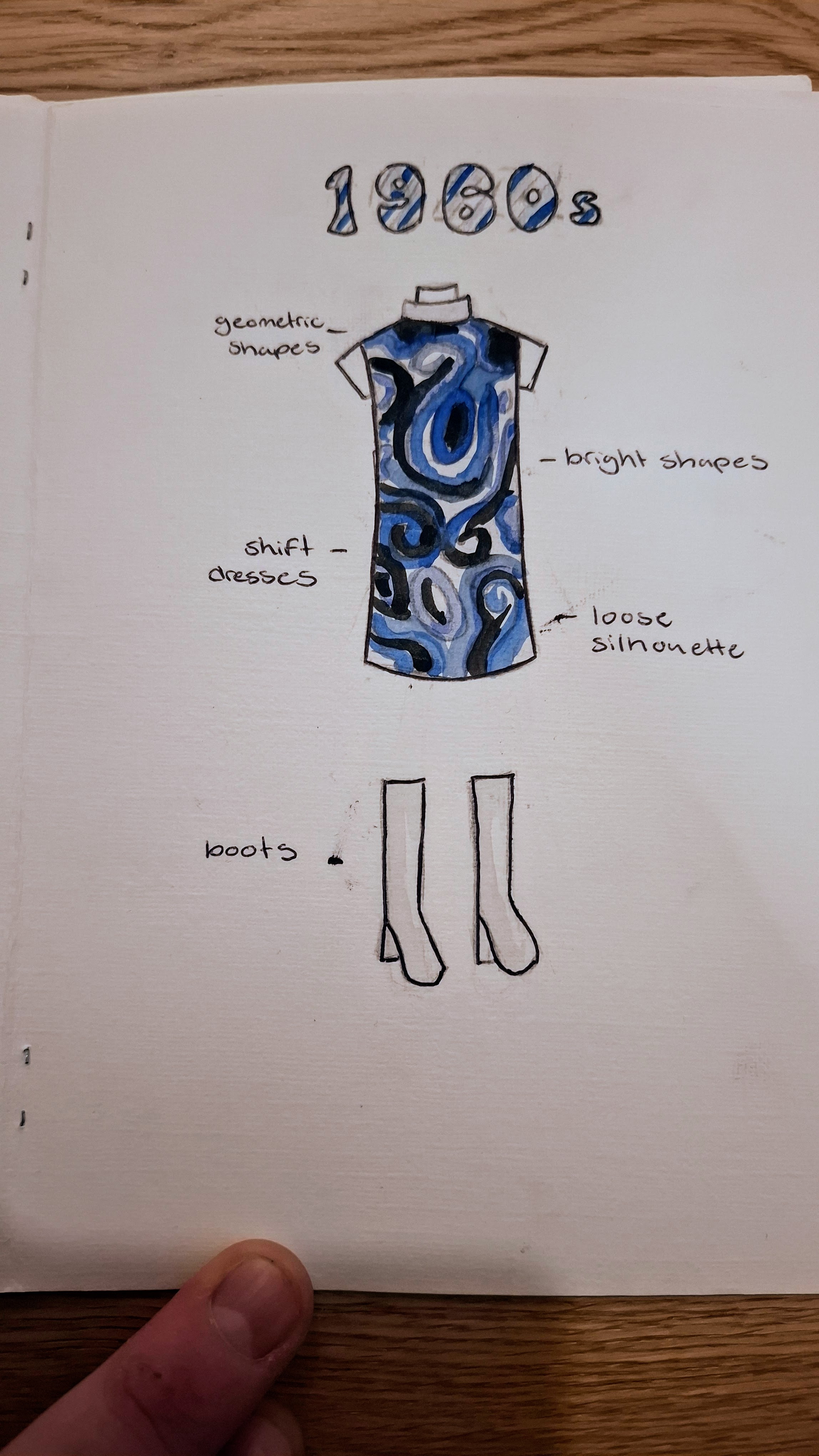 1960s fashion illustration: geometric-print shift dress with boots