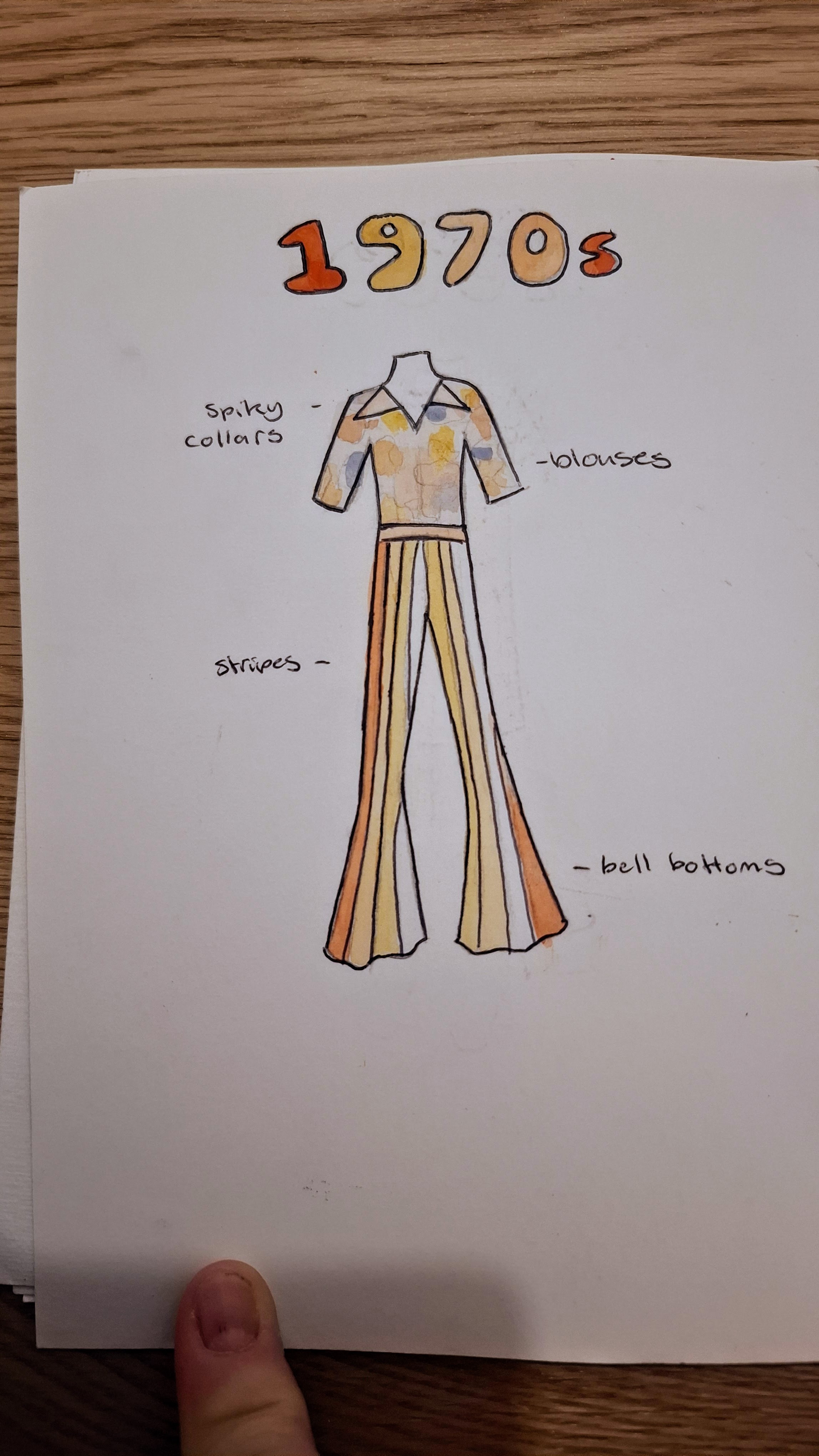 1970s fashion illustration: patterned blouse and striped bell-bottoms