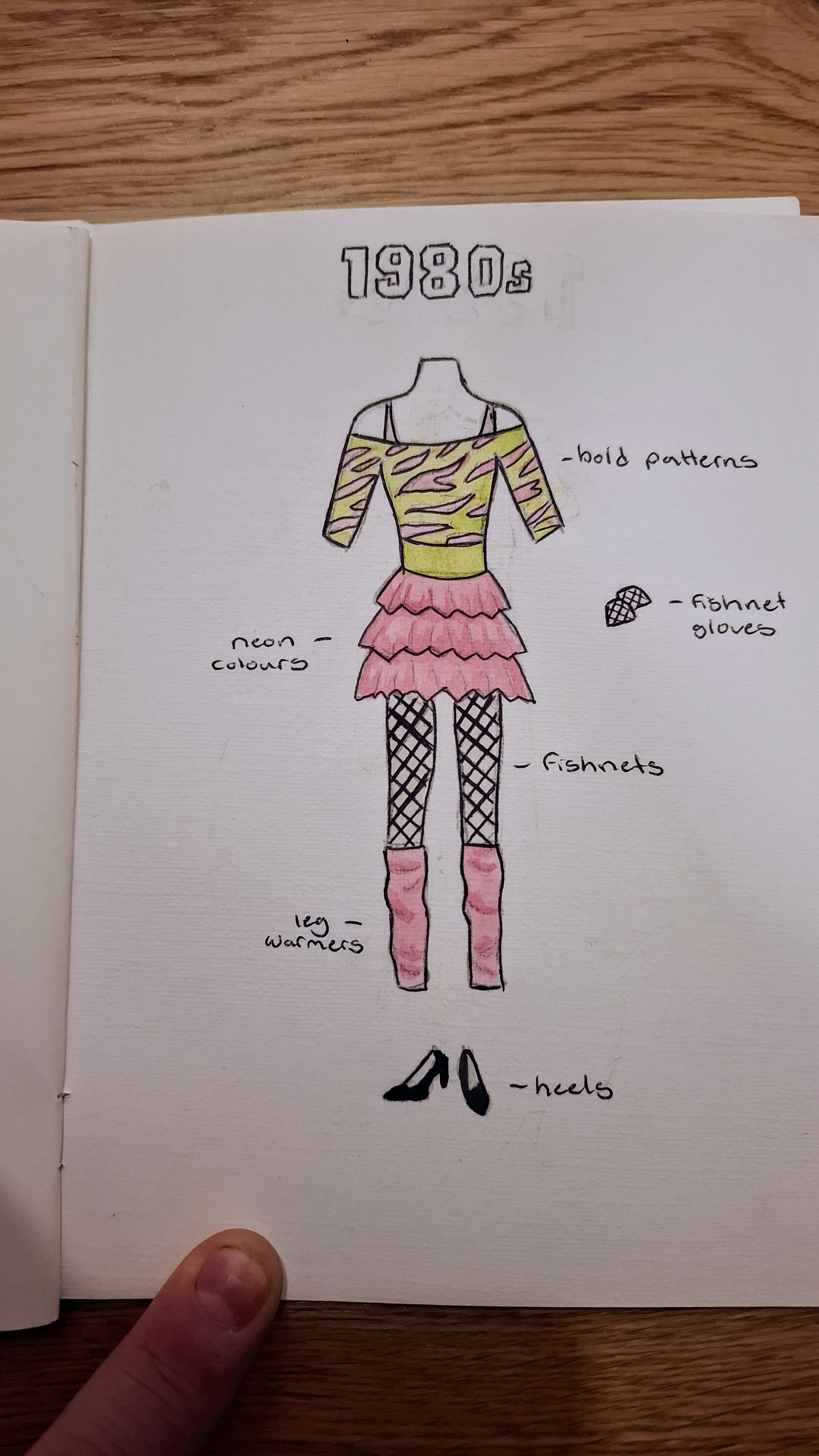 1980s fashion illustration: neon top, ruffled skirt, fishnets