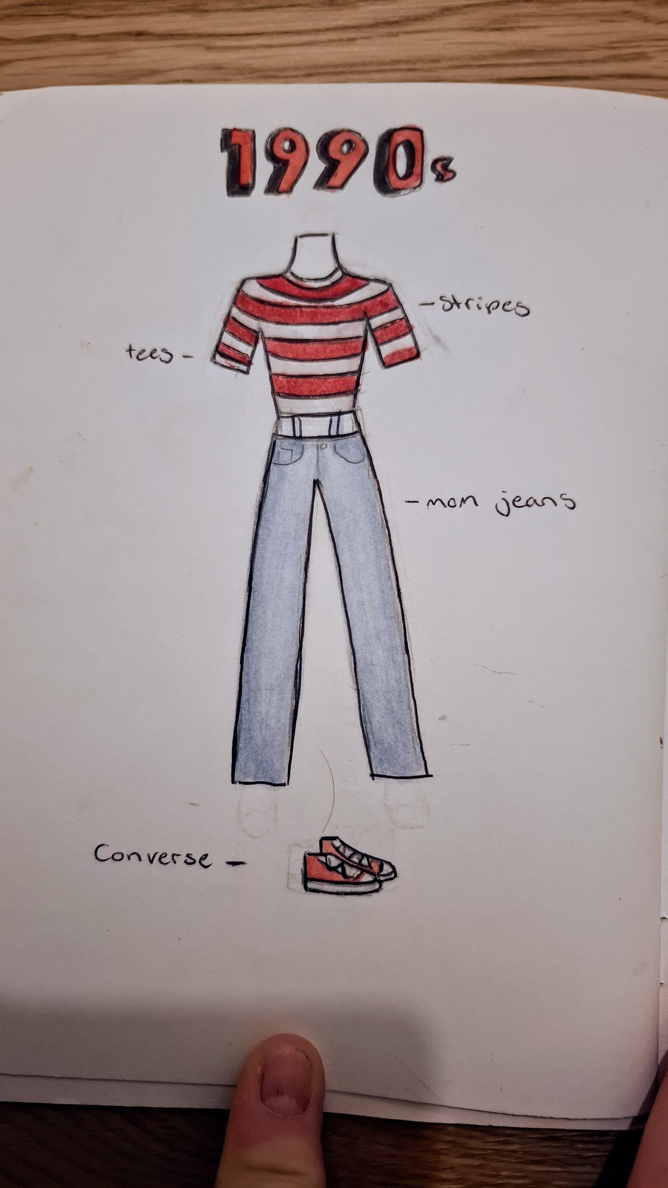 1990s fashion illustration: striped tee, mom jeans and Converse