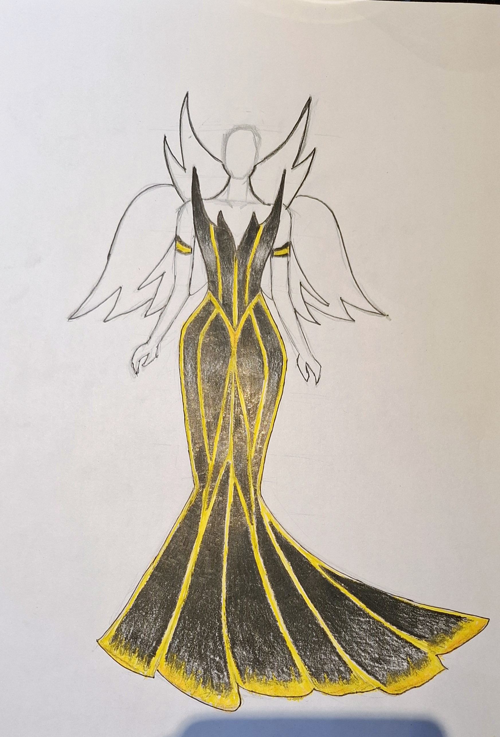 Fashion concept sketch of a black and gold mermaid evening gown with a winged, flame-like bodice