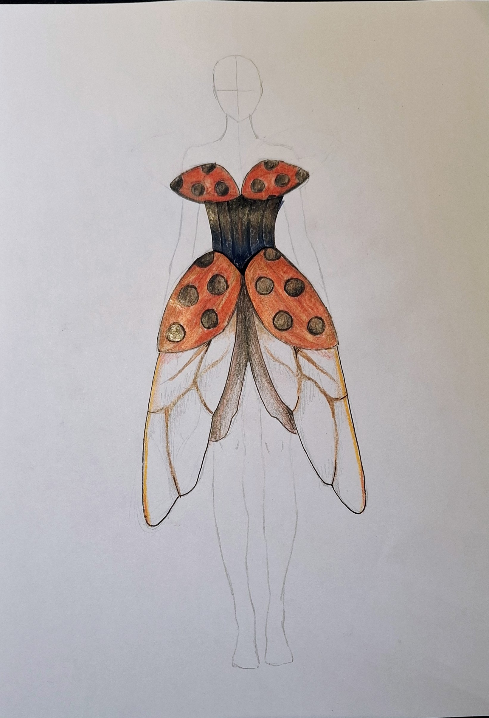Fashion concept sketch of a gown inspired by a ladybird, with red spotted shell panels and translucent insect-wing skirt