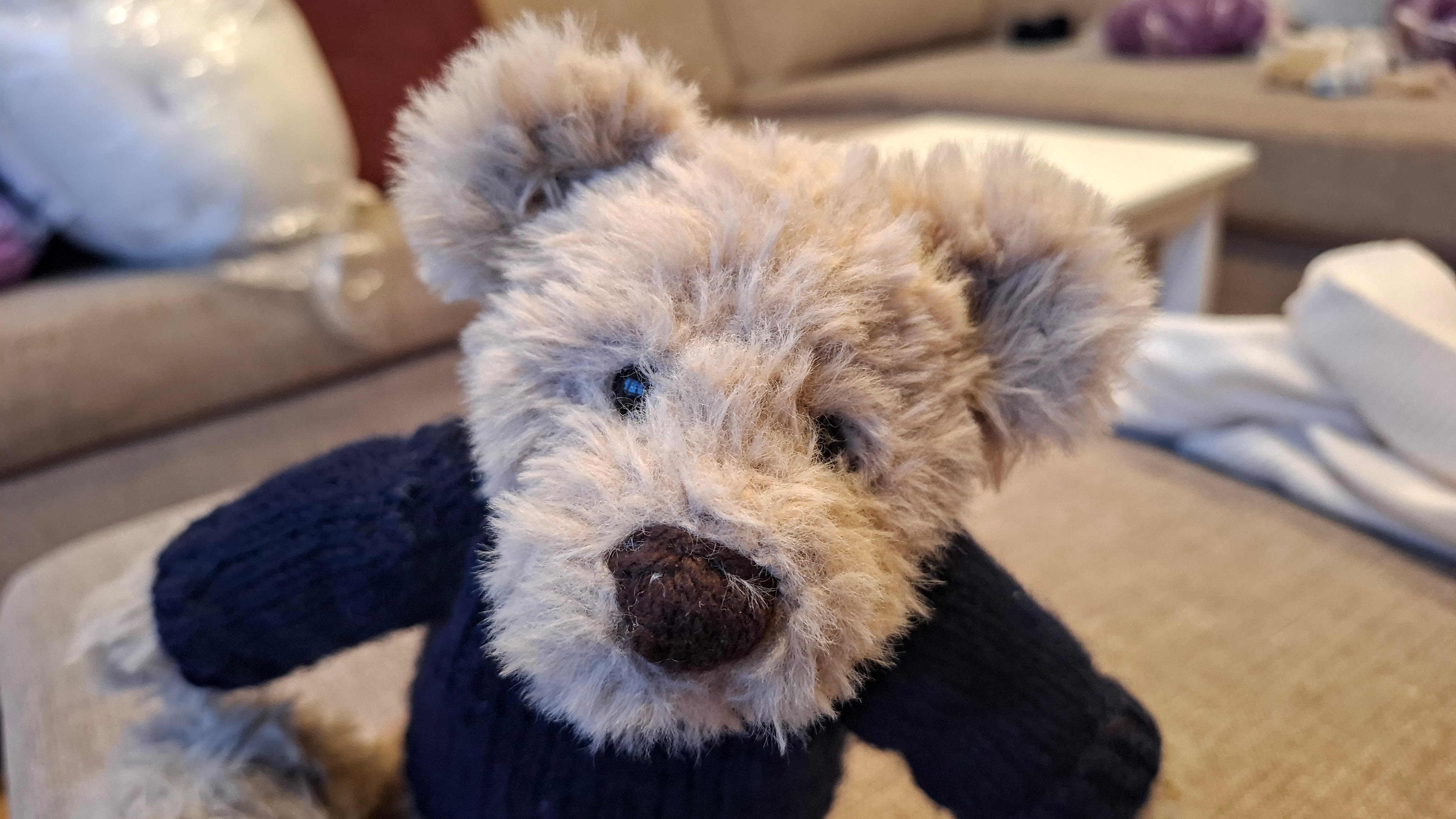 Close-up of the teddy bear's fluffy face and stitched nose